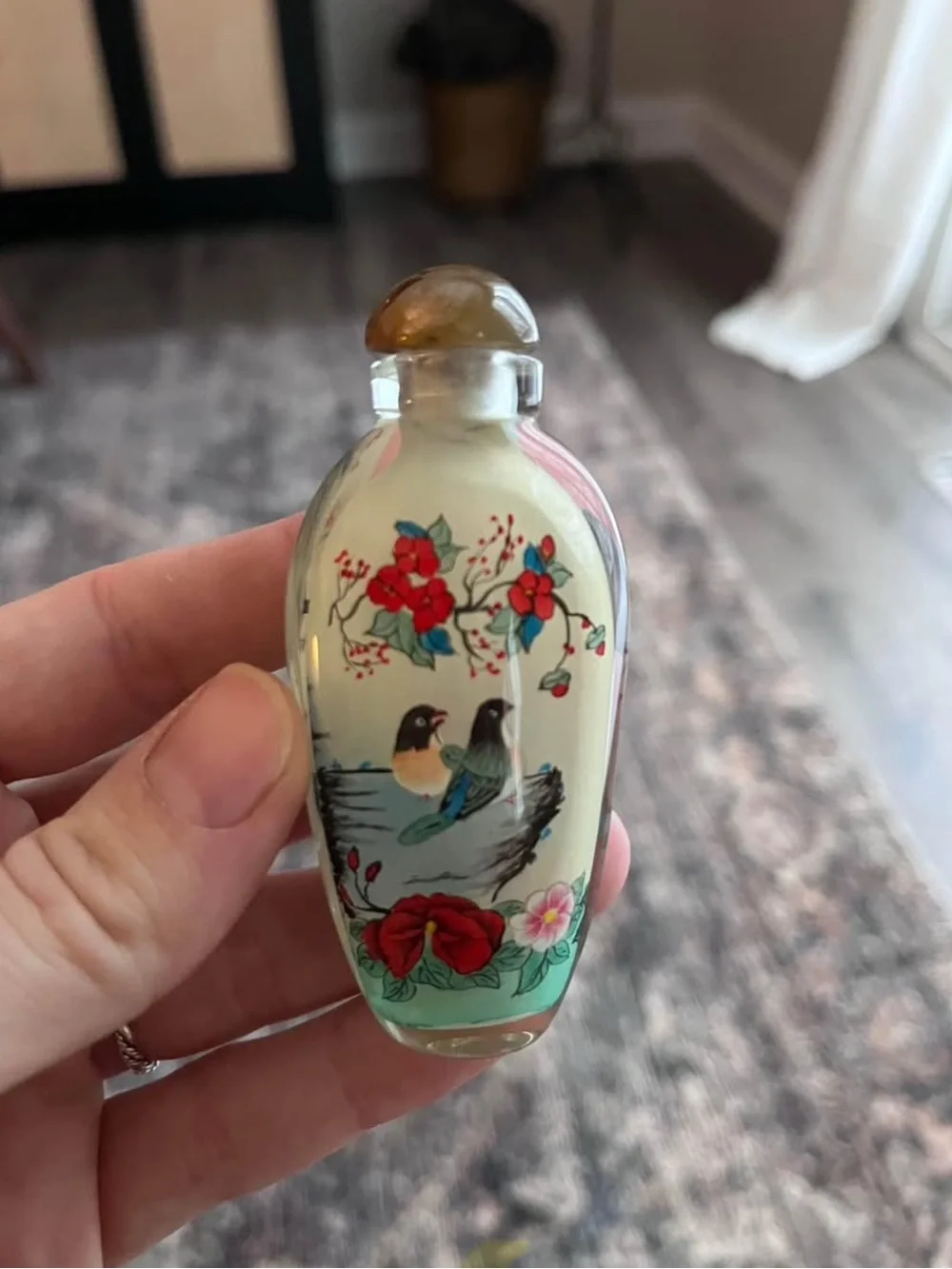 Hand-Painted Glass Snuff Bottle with Bird and Floral Motif - Cream and Red